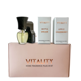 Plug-in fragrance device with rotating plug and refill bottles