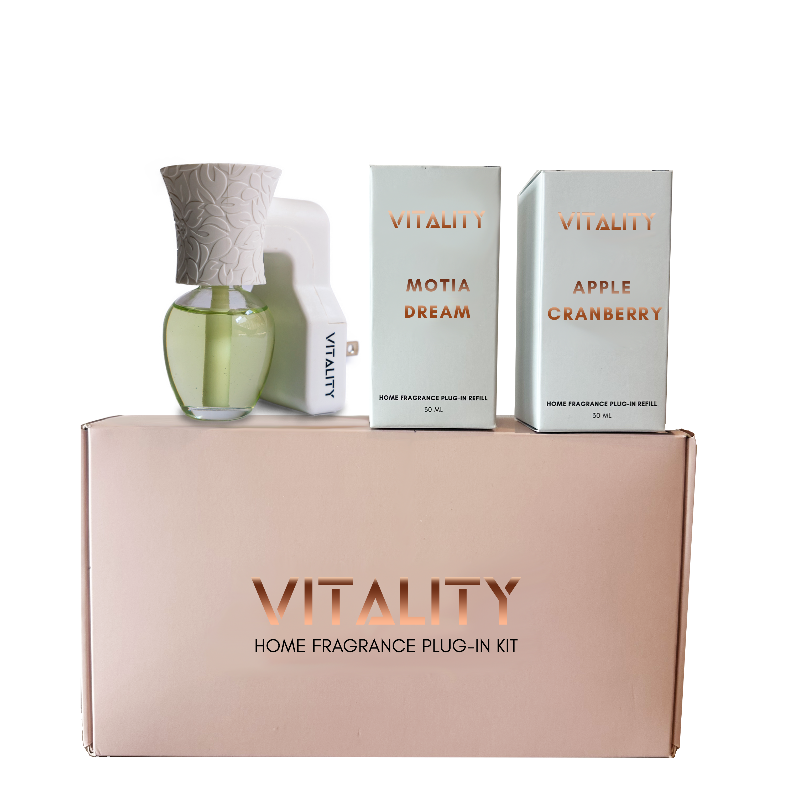 Vitality plug-in fragrance device with Motia Dream & Apple Cranberry bottles