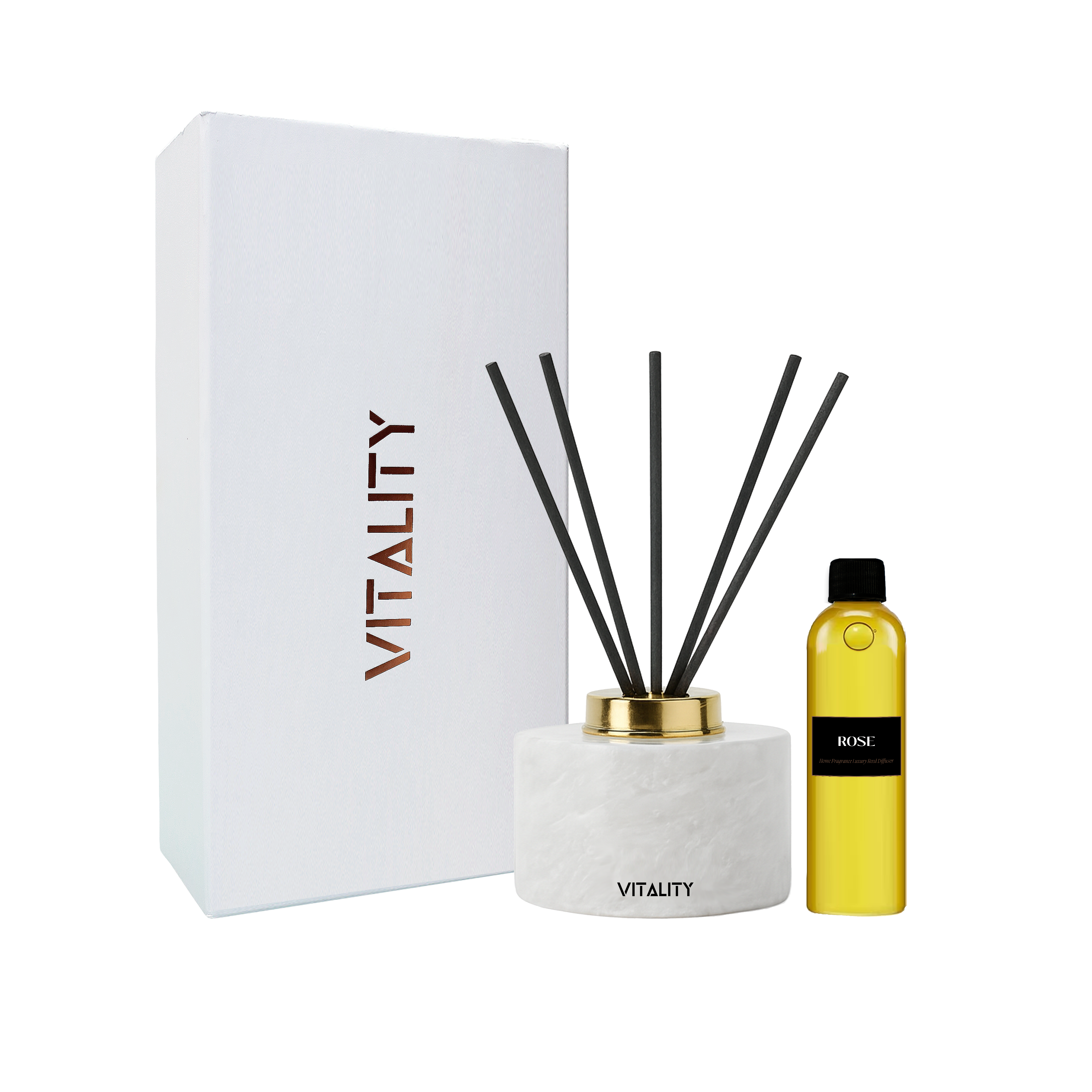 Marble reed diffuser bottle and luxury oils set by Vitality