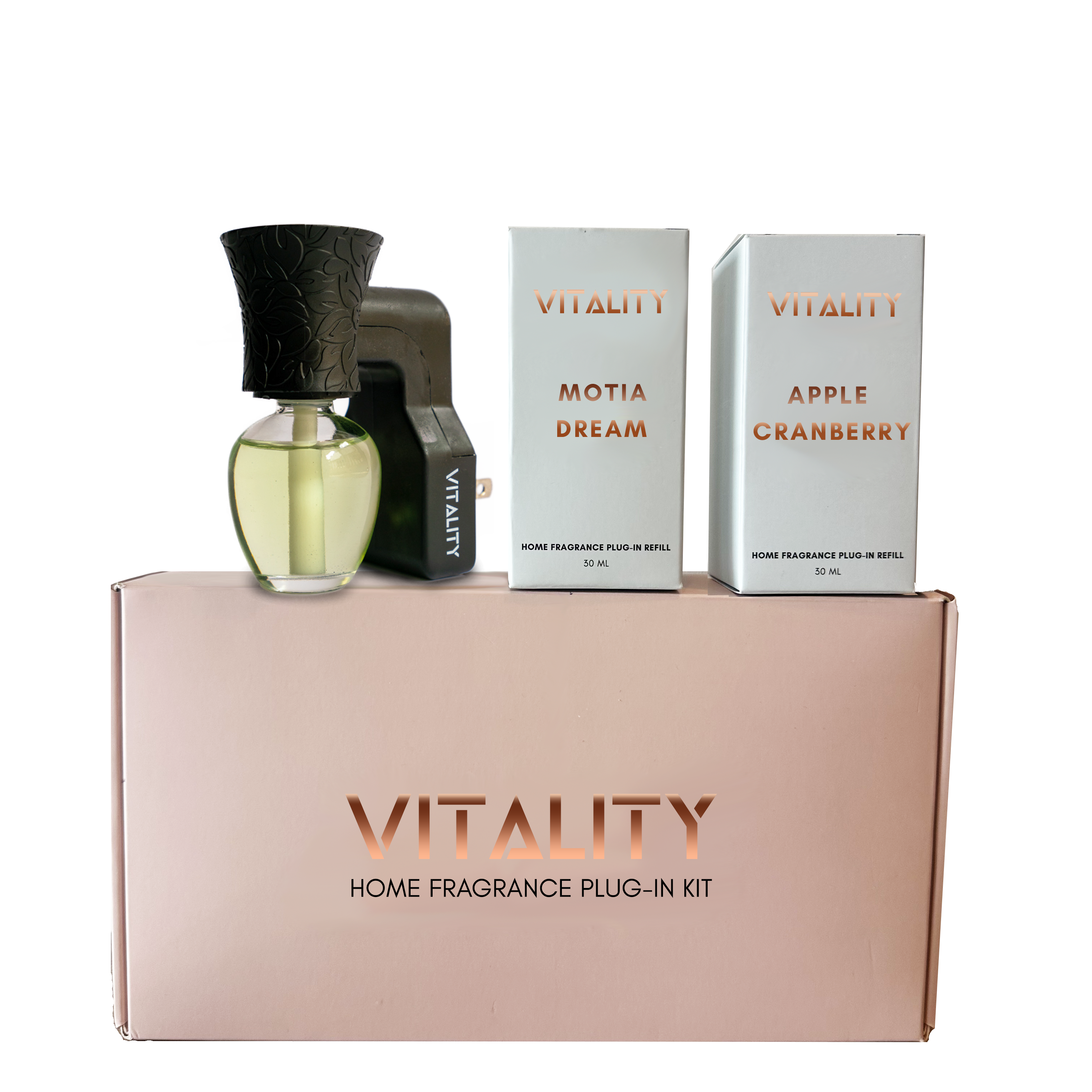 Plug-in fragrance device with rotating plug and refill bottles