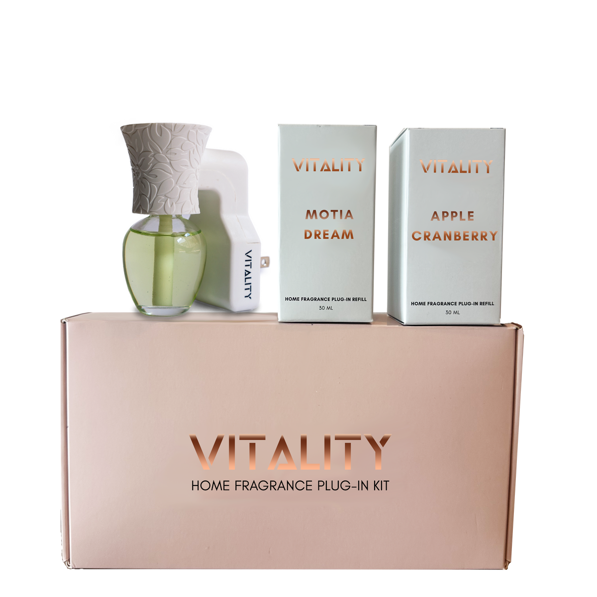 Vitality plug-in fragrance device with Motia Dream & Apple Cranberry bottles