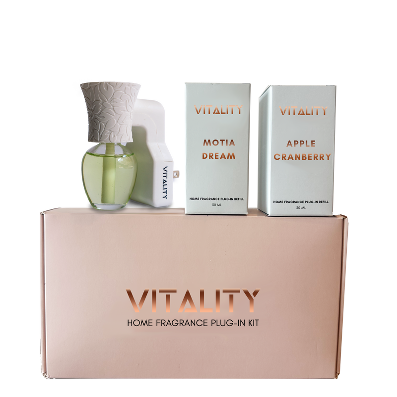 Vitality plug-in fragrance device with Motia Dream & Apple Cranberry bottles